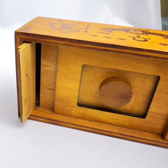 Egyptian Wooden Puzzle Box Scarab Ankh Symbols Secret Sliding Compartment 6"L - Picture 9 of 12